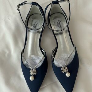 Navy Pearl Drop Ankle Strap Pumps
